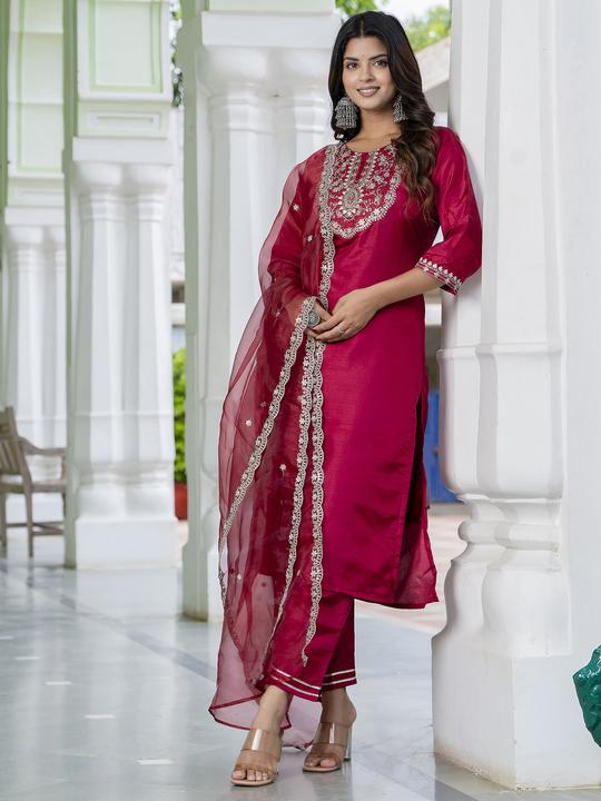 VP 9503 Silk Blend Embroidered Kurta Set with Dupatta